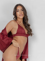 Μπορντό ρόμπα με ζώνη, bralette και εσώρουχο