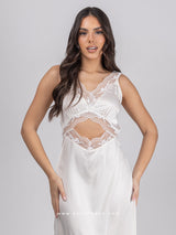 Off white σατέν μακρύ νυχτικό με δαντέλα