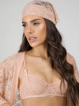 Peach μαντήλι με δαντέλα και floral μοτίβο