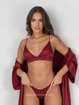 Μπορντό ρόμπα με ζώνη, bralette και εσώρουχο