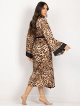 Σατέν animal print μακριά ρόμπα με μαύρη λεπτομέρεια και ζώνη